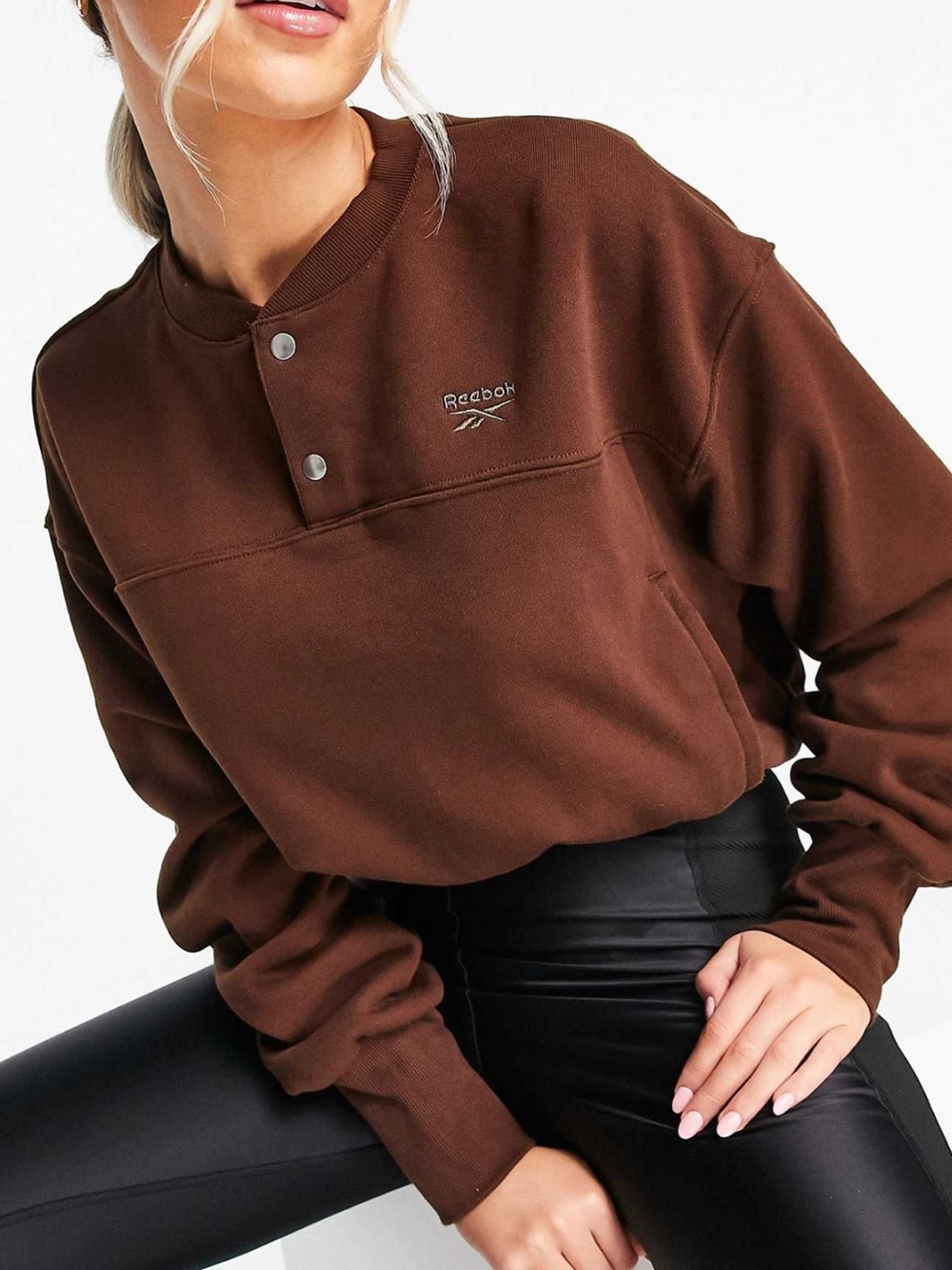 Brown Reebok Snap Button Cropped Sweatshirt Size Large